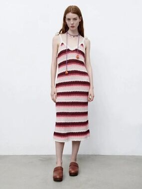ZARA Striped Knit Midi Dress size small Red Pink Combo Limited Edition